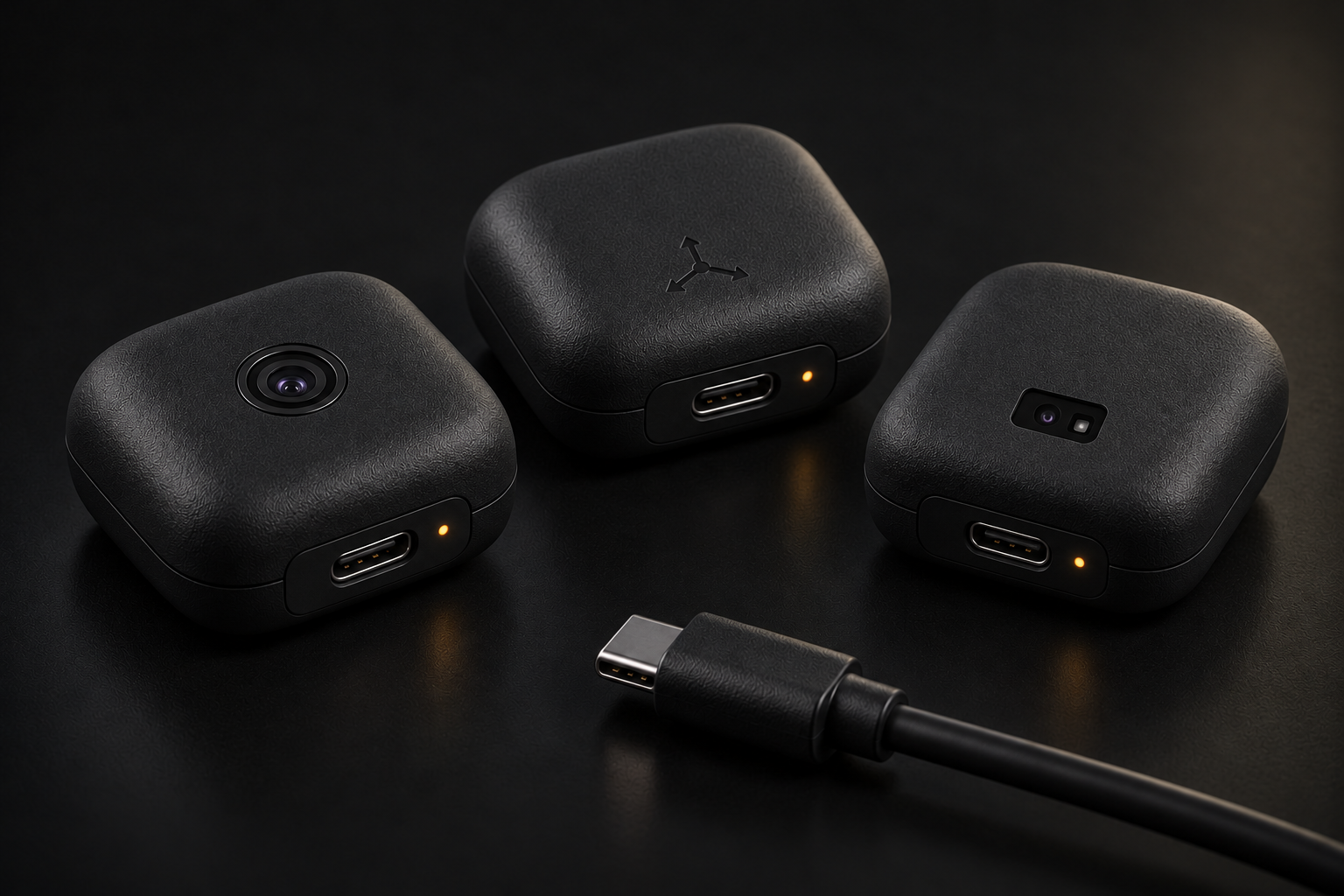 Concept: three black nylon enclosures with camera, motion and distance inputs and orange status indicators